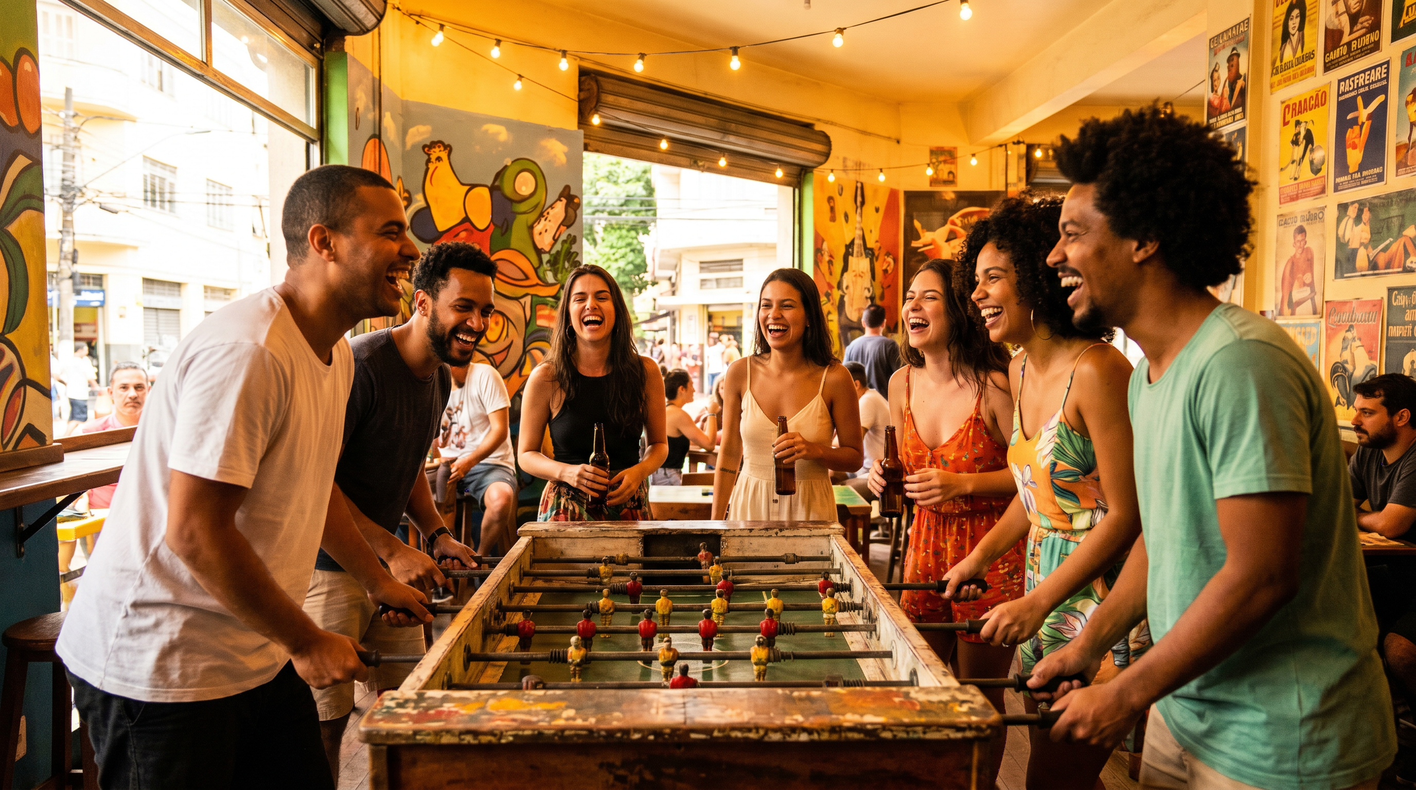 Grupo de amigos brasileiros jogando pimbolim e se divertindo