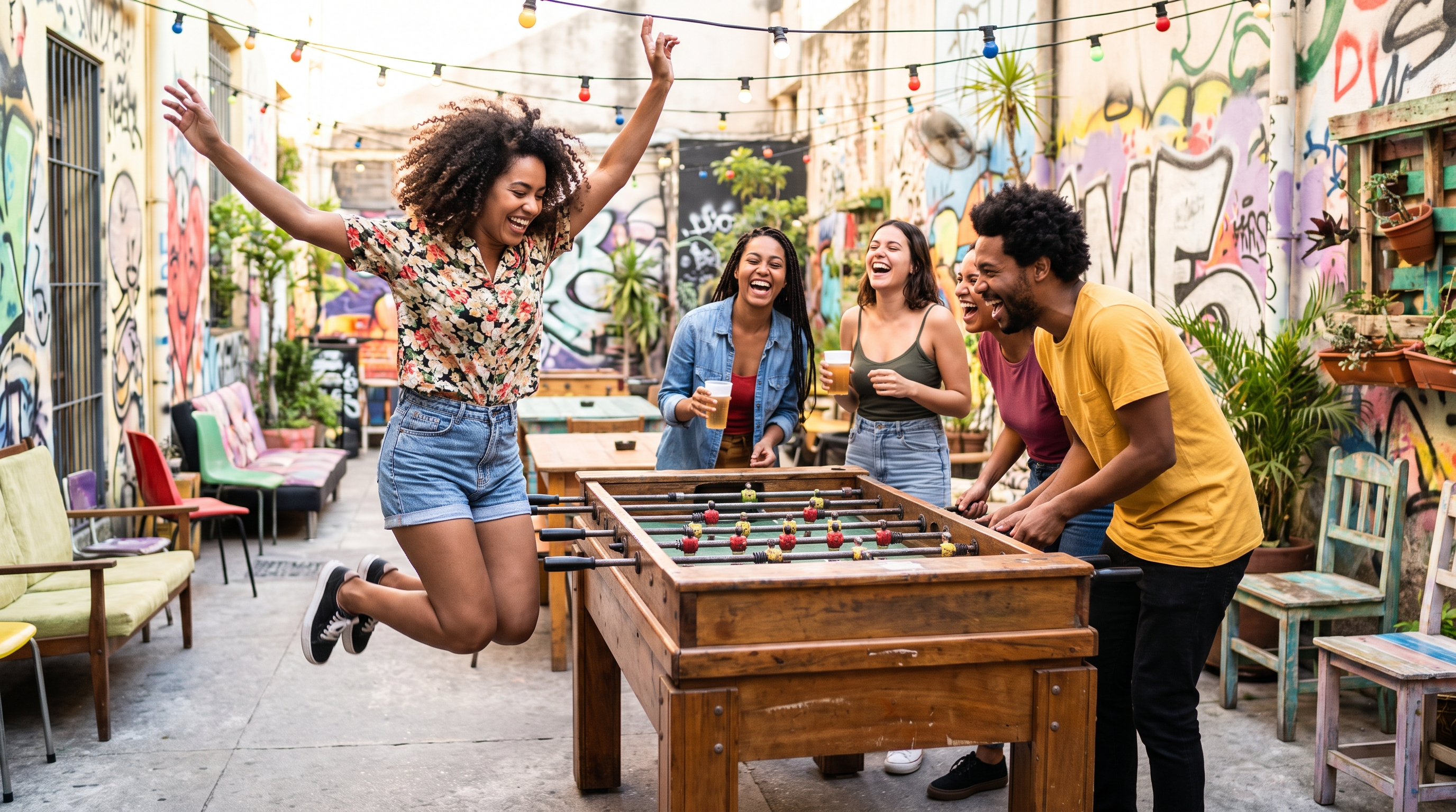 Brasileira comemorando gol no pimbolim com amigos